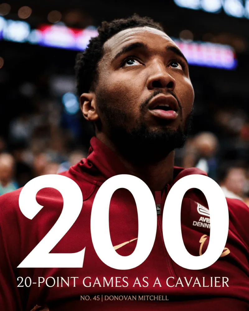 开云棋牌(中国）-骑士官方：米切尔骑士生涯第200场20+得分达成，队史第五位